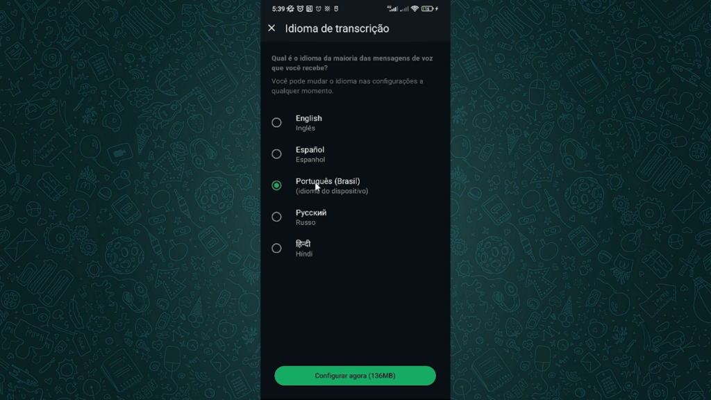 Escolhendo idioma para transformar áudio em texto no whatsapp