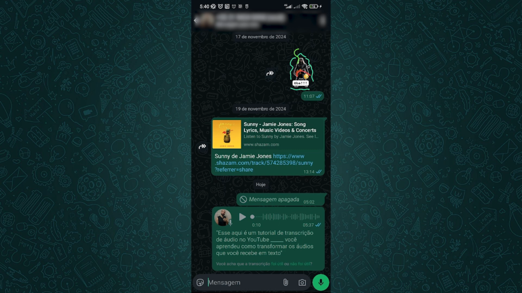 Exemplo de áudio transcrito em texto no whatsapp