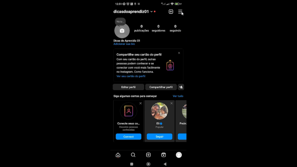 Abrindo o menu hamburguer do Instagram para excluir a conta