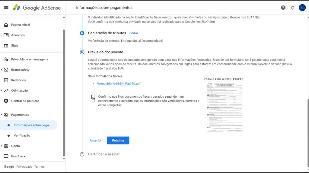 Finalizando o preenchimento do formulário fiscal do Google AdSense