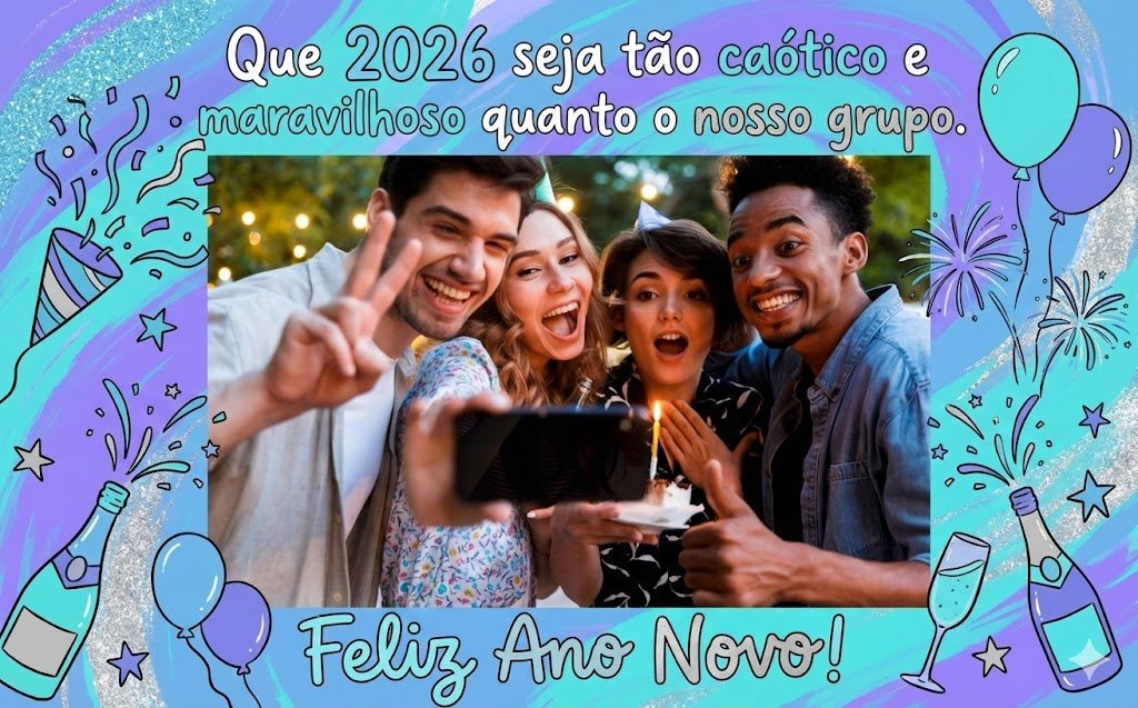 Arte colorida e divertida com foto de grupo de amigos para o reveillon