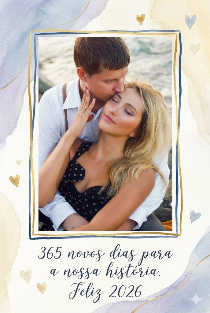 Um dos cartões de Ano Novo com Design romântico estilo pintura suave com foto de casal