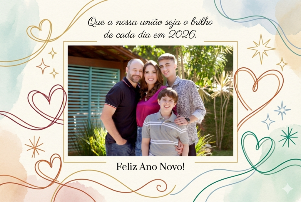 Cartão festivo familiar com foto real e design minimalista de corações